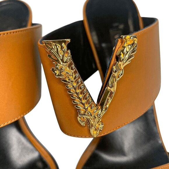 Versace Virtus Brown Leather Mules Heels Gold V Logo EU 39.5 Made in Italy - Picture 4 of 12